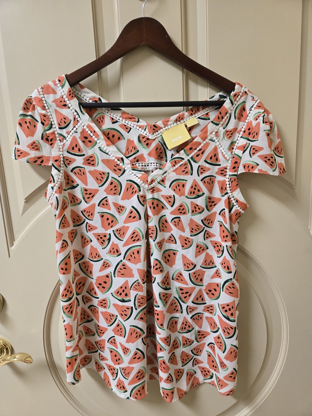 Maeve Watermelon Print Short Sleeve Top - Coral & Green